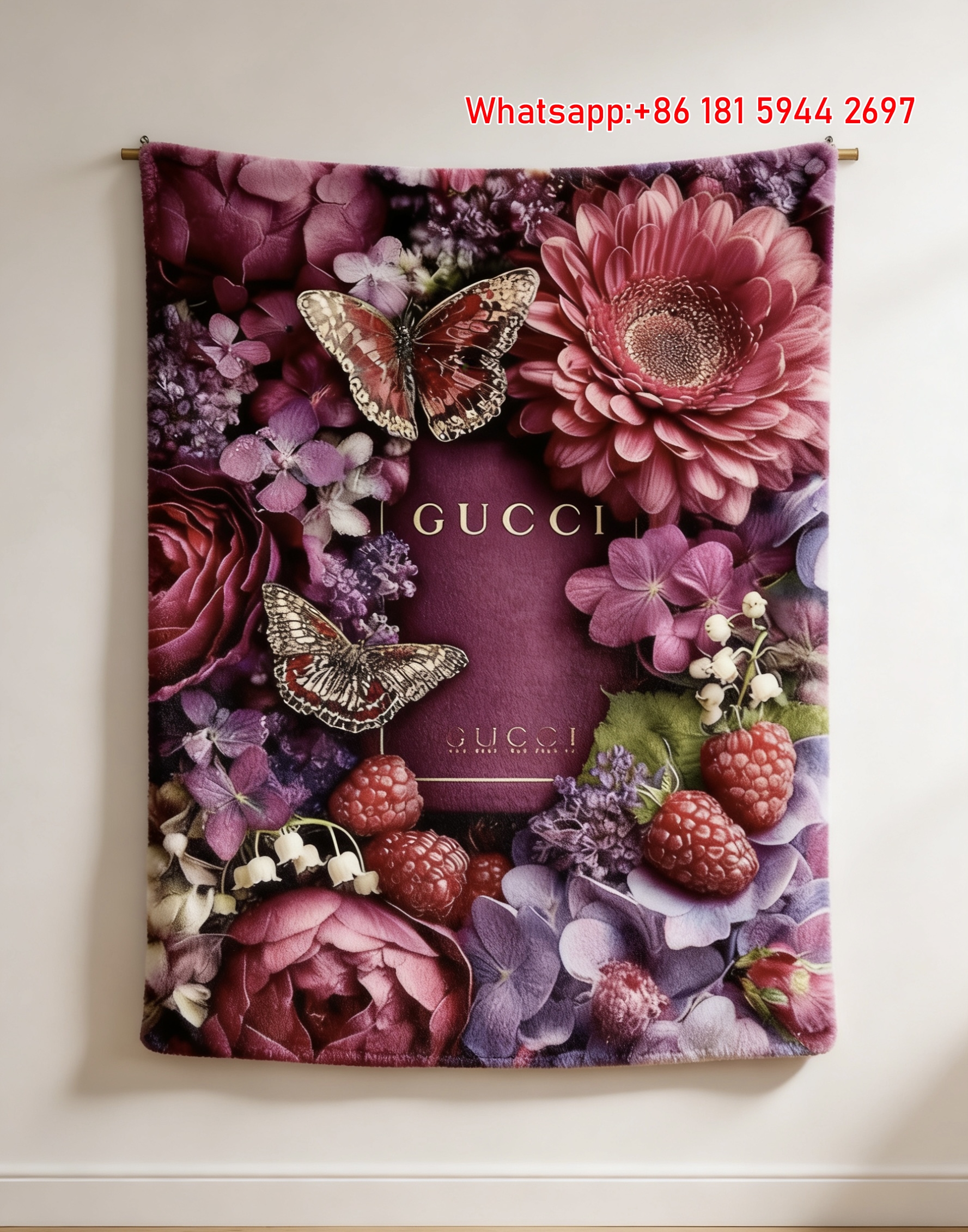 Gucci Magenta Butterfly Blanket Opulent Raspberry Floral Art throw blankets IMG_2778